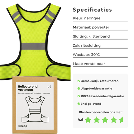 Cheqo® Reflecterend Hardloopvest - Hardloopvest Met Zak - Verstelbaar Hardloopvest - Neongeel Vest - Jogging Vest - Reflectievest Voor Hardlopen - Ademend Materiaal - Fluorescerende Stoffen - Reflecterende Stroken - Zak Met Ritssluiting