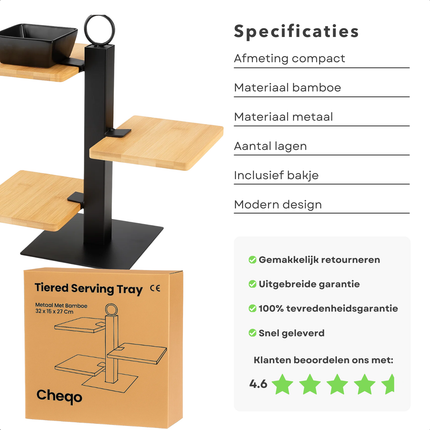 Cheqo® Etagère Metaal Bamboe - 3 Laags Etagère - Serveertoren Bamboe - High Tea Etagère - Stijlvolle Serveertoren - Sausbakje Inbegrepen - Etagère Voor Hapjes - Etagère Voor Borrel - Serveertoren - 3 Lagen