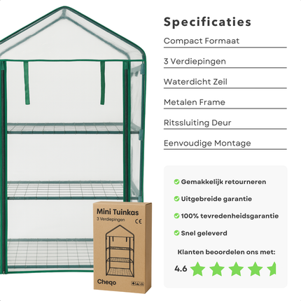 Cheqo® Kweekkas - Compacte Broeikas - Plantenkas Metalen Frame - Foliekas - Kas - Broeikas - Kas voor Moestuin - Compacte Tuinkas - Waterdicht
