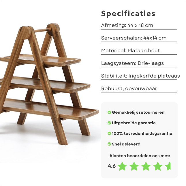Drie-laags Cheqo® etagere van plataan hout met specificaties en klantbeoordeling van 4.6 sterren, ideaal voor stijlvolle presentatie.