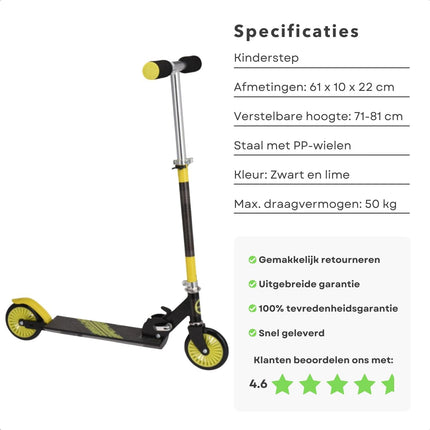 Cheqo® Kinderstep Zwart / Lime - Verstelbare Hoogte - Met Voetrem - PP Wielen - Aluminium Stuur - Draagvermogen van 50 KG - Step - Jongens/Meisjes - Veilig en Stabiel - Cadeau Voor Kinderen - Speelgoed - Verhoogd Coördinatie & Balans - Opvouwbaar Kinderstepjes