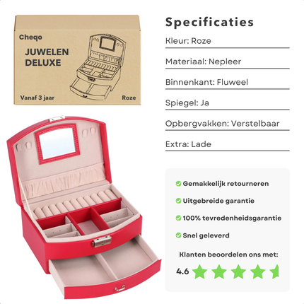 Cheqo® Roze Juwelendoos - Sieradendoos - Sieradenbox voor Kinderen - Sieradenhouder - Sieraden Organizer - Met Spiegel en Lade