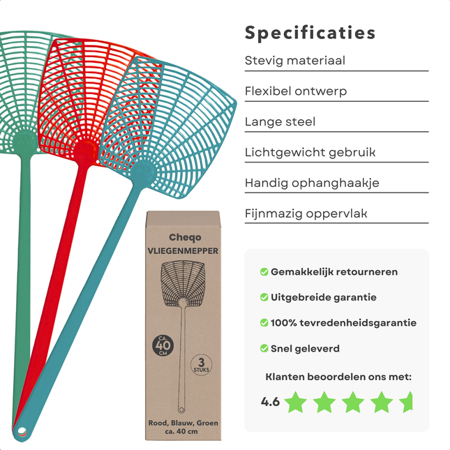 Cheqo® Vliegenmepper Set - Kunststof - Vliegenvanger - Lang Handvat - Rood/Blauw/Groen - Perfect voor Huis en Tuin