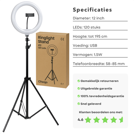 Cheqo® Ringlamp met Statief – Selfie Ringlight 12” – 120 LED Lampjes – TikTok Lamp – Dimbaar Licht – 3 Lichtstanden: Cool, Warm & Neutraal – 360° Draaibaar – USB – Universele Telefoonhouder – Vlog & YouTube Licht
