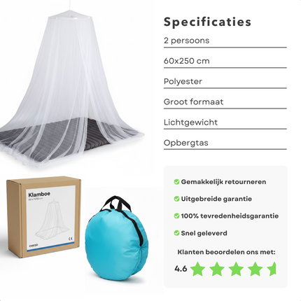 Cheqo® Klamboe 2 Persoons - Tweepersoons Klamboe - Muskietennet 2 Persoons - Muggennet 2 Persoons - Klamboe Voor Op Reis - Klamboe Voor Thuis - Ronde Klamboe - Witte Klamboe - Bedhemel Klamboe