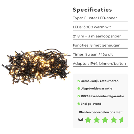Cheqo® Kerstverlichting - Kerstboomverlichting - Kerstlampjes - LED Clusterverlichting - 3000 Lampjes - 22M - Warm Wit - Timer & Lichtfuncties