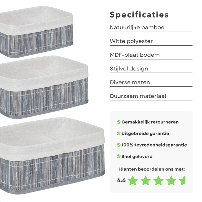 Cheqo® Bamboe Opbergmanden Set - Opberg Manden - Opbergmand Set - Organizer - Kast Organizer - Grijs/Wit - Voor Badkamer en Woonkamer - 3 Stuks - Stijlvol en Duurzaam