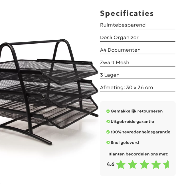 Cheqo® brievenbak met 3 uitschuifbare lagen, zwart mesh metaal, ruimtebesparend bureau-organizer voor A4 documenten, 30x36 cm.