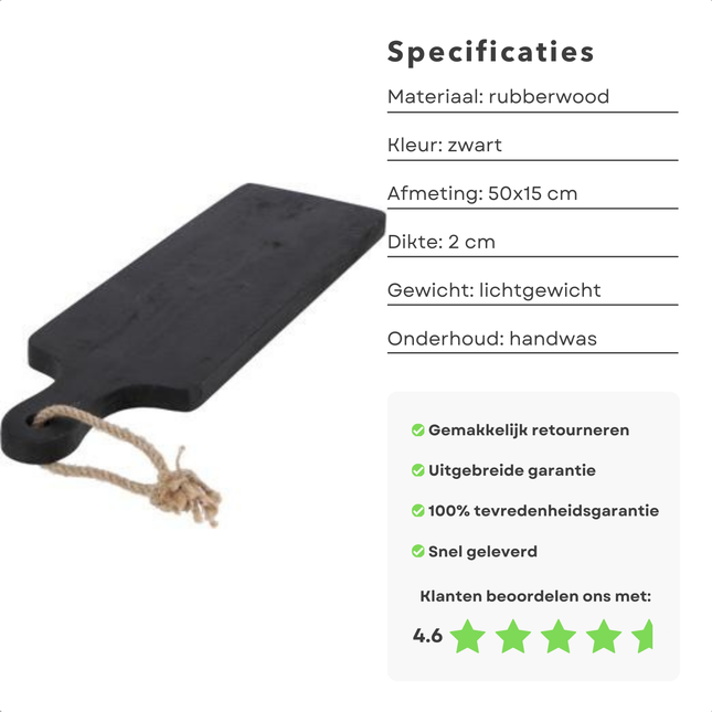 Cheqo® Luxe Snijplank - Serveerplank - Hapjesplank - Plak - Zwart - 50x15 cm - Duurzaam Hout