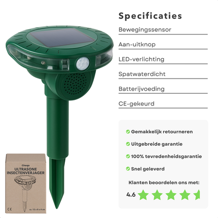 Cheqo® Ultrasone Ongediertje Verjager - Mollen Verjager - Mollenverjager op Zonne Energie - Insectenverjager - Bewegingssensor - Spatwaterdicht - Voor Tuin