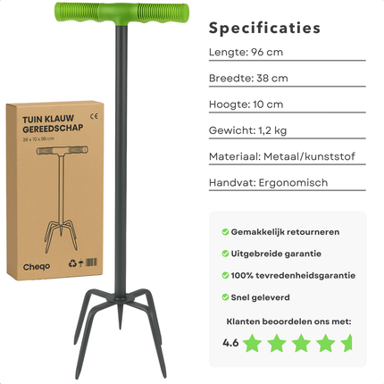 Cheqo® Tuinklauw Woelvork - Metaal - Tuinfrees - Onkruidsteker - Onkruidtrekker - Aarde Losmaken - Grond Beluchten - Kultiveren - Ergonomisch - Onkruid Wieden - Onkruidverwijderaar - Duurzaam en Efficiënt