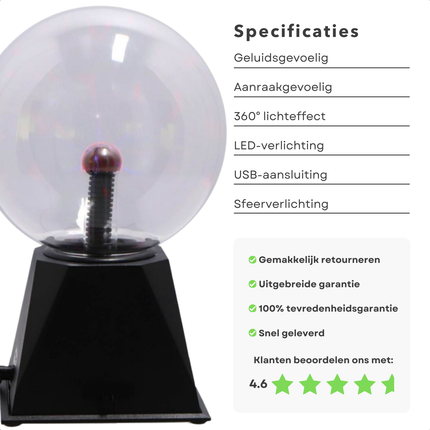 Cheqo® Plasma Bol - Plasmabol Lamp - Plasmabal - Discolamp - Plasma Effect - Zwart - Werkt op Geluid