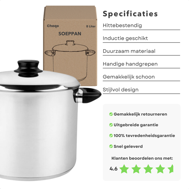 Cheqo® Grote Soeppan - Kookpan - Stamppot Pan - 8L RVS - Inductie Geschikt - Grote Soeppan met Deksel