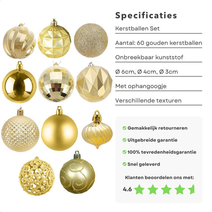 Cheqo® Gouden Kerstballen Set - 60 stuks - Kunststof - Kerstboomversiering - Kerstversiering - Onbreekbaar - Verschillende Formaten & Designs - Kerstboom - Kerstballenset - Kerstdecoratie - Kerst - Christmas Kerstballen