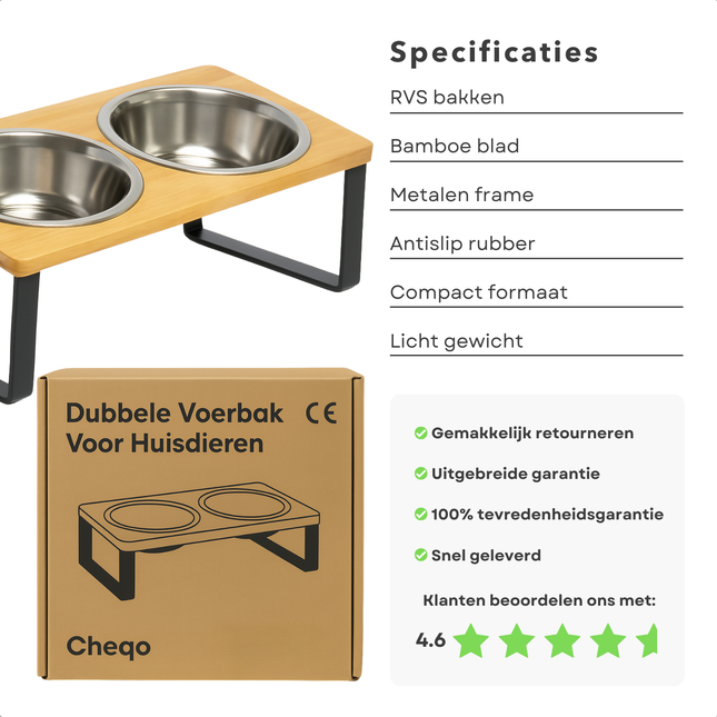Cheqo® Dubbele Voerbak Voor Honden & Katten – RVS Voerbakken met Bamboe Standaard – Verhoogde Eet- en Drinkbak – Antislip Voerbak met Houder – Waterafstotend – Ergonomisch – Voor Kleine Huisdieren