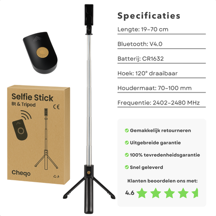 Cheqo® Selfie Stick met Bluetooth Afstandsbediening – 3-in-1 Uitschuifbare Selfiestick & Tripod Statief – Smartphone Houder – Lichtgewicht & Opvouwbaar – Voor iPhone & Android – 360° Draaibaar – Voor TikTok & Instagram