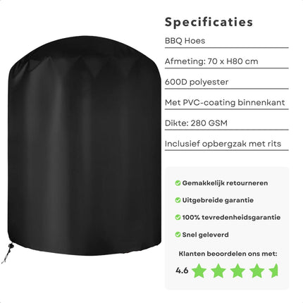 Cheqo® Waterdichte Afdekhoes voor Barbecue - Zware Kwaliteit - UV-Bestendig - Bescherming tegen Regen en Vuil - 70 x 80 cm - 600D Polyester - PVC Coating - Zwart - Opberghoes - BBQ Accessoires - BBQ Hoes - Lange Levensduur - Voor Ronde Barbecue Barbecuehoezen