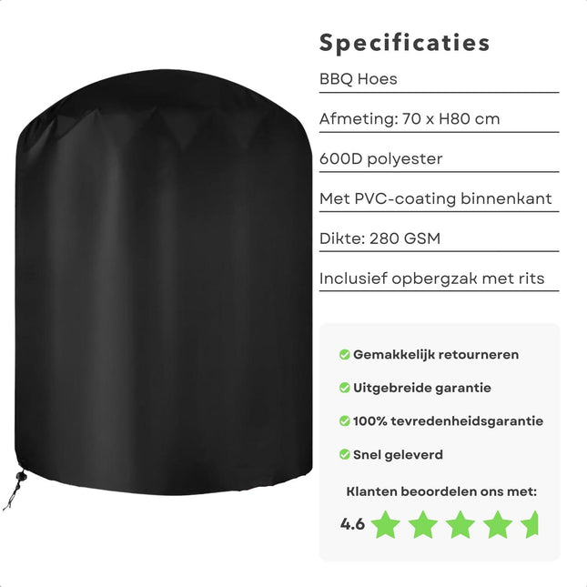 Cheqo® Waterdichte Afdekhoes voor Barbecue - Zware Kwaliteit - UV-Bestendig - Bescherming tegen Regen en Vuil - 70 x 80 cm - 600D Polyester - PVC Coating - Zwart - Opberghoes - BBQ Accessoires - BBQ Hoes - Lange Levensduur - Voor Ronde Barbecue Barbecuehoezen