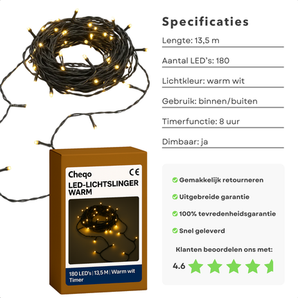 Cheqo® Kerstlampjes - Kerstverlichting - Kerstboomverlichting - Warm Wit Licht - Dimbaar - Binnen En Buiten - 13,5 Meter - 180 Led Lampjes - Timer Functie - Sfeervolle Verlichting - Buitenverlichting - Kerst Verlichting