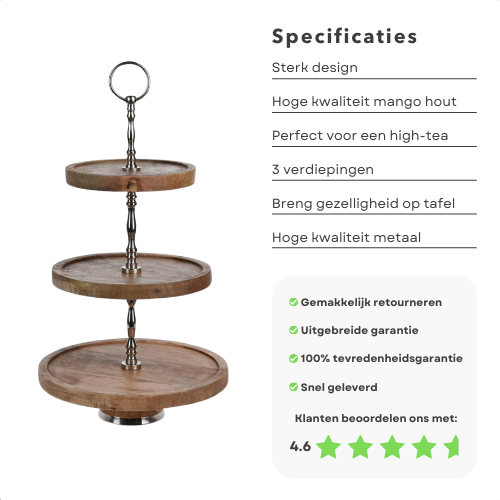 Etagere 3-laags - Mangohout met Metaal- Etagere