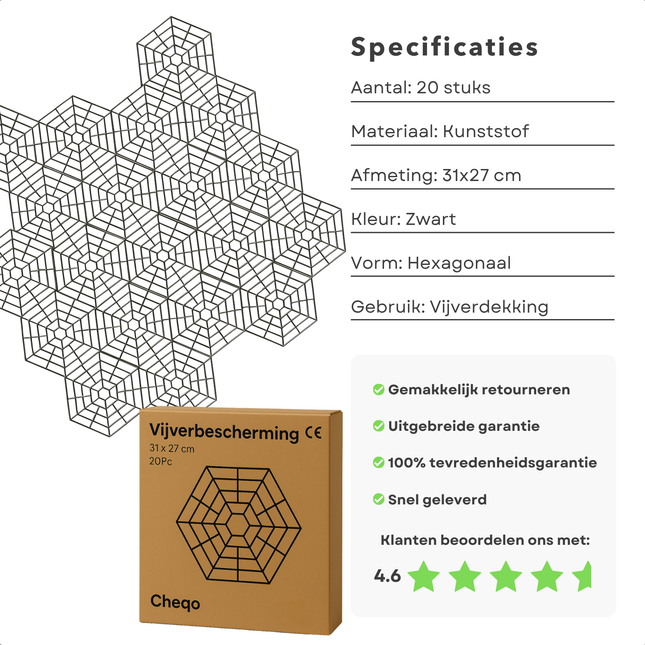 Cheqo® Vijverbescherming Kunststof - Vijverafdekking - Vijvernet - Vijver Afdeknet - Vijver Berscherming - Drijvende Ringen - Beschermt Vijver Tegen Bladeren en Dieren