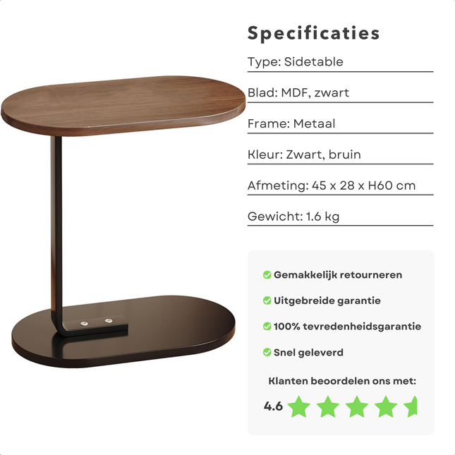Cheqo® bijzettafel in zwart en bruin met metalen frame, afmetingen 45x28x60 cm, klantbeoordeling 4.6 sterren