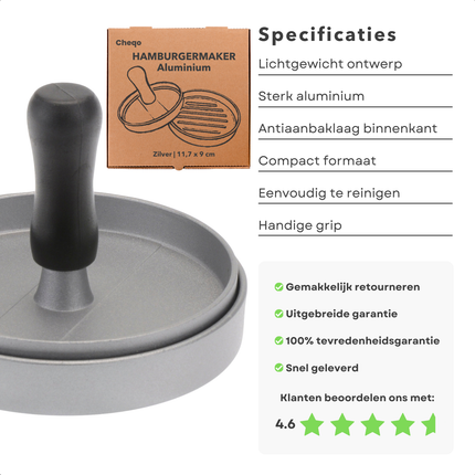 Cheqo® Hamburgerpers - Hamburger Pers - Hamburger Maker - Aluminium Hamburgermaker - Rond - Met Handvat