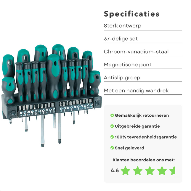 Cheqo® Schroevendraaier/Bitset - 37-delig - Chroom Vanadium Staal - Wandrek - Magnetisch - Schroevendraaiers - Bitjes - Anti-Slip - Precisie Schroevendraaier - Gereedschapset - Handgereedschap Schroevendraaiers