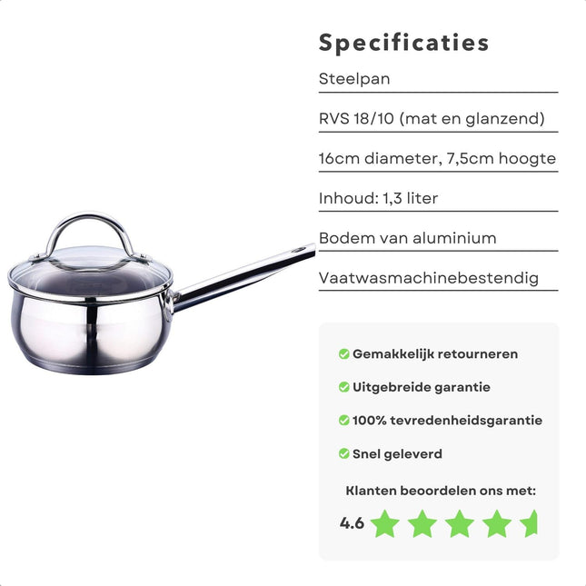 Cheqo® Gourmet RVS 18/10 Steelpan 16cm - 1,3L | Glazen Deksel | Energiebesparende Bodem | Inductie Geschikt | Vaatwasmachinebestendig