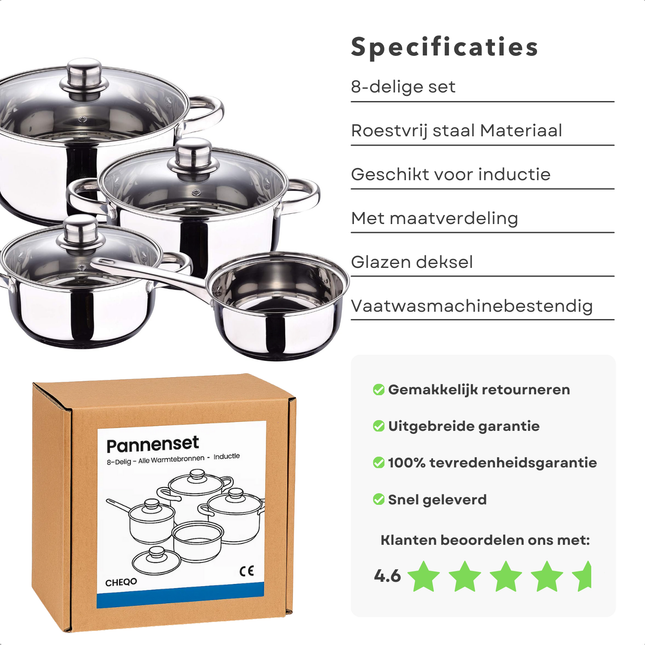Cheqo® Roestvrijstalen Pannenset – 8-Delige Pannenset – Geschikt voor Inductie & Alle Warmtebronnen – Vaatwasmachinebestendig – Glazen Deksel met Stoomgat – PFAS-Vrij – Met Maataanduiding – Kookpan met Deksel – Sauspan met Deksel