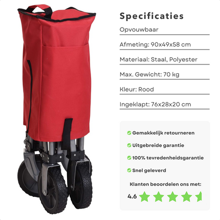 Cheqo® Robuuste Bolderkar - Opvouwbaar en Uitklapbaar - Hoge Draagcapaciteit - Voor Boodschappen & Vervoer - 90x49x58 cm - Rood - Stevig Frame - 70 KG Draagkracht - Bolderwagen - Boodschappentrolley - Draaibare Wielen Bolderkarren