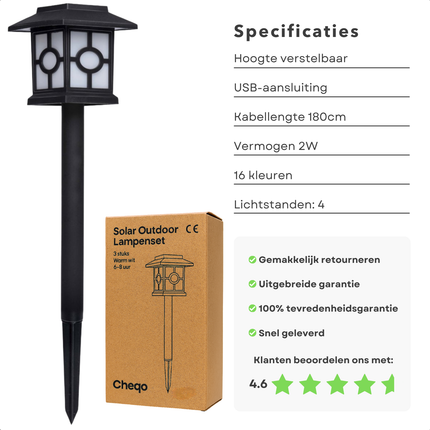 Cheqo® Solar Tuinverlichting - Tuinlampen Op Zonne-Energie - Warme Witte Led Verlichting - Sfeervolle Verlichting - Weerbestendig IP44 - Energiezuinig En Duurzaam - Eenvoudige Installatie - Grondpin - Tuinpaden Verlichten