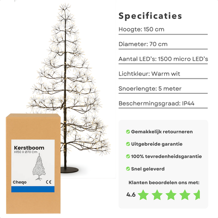 Cheqo® LED Kerstboom - Verlichte Kerstboom - Kerstverlichting Buiten - Lichtboom Tuin - Warm Wit Licht - Boom met LED-Lampjes - IP44 - Spatwaterdicht - Kerstboom Verlichting - Tuinverlichting Kerst - Zwart Frame - 150 cm