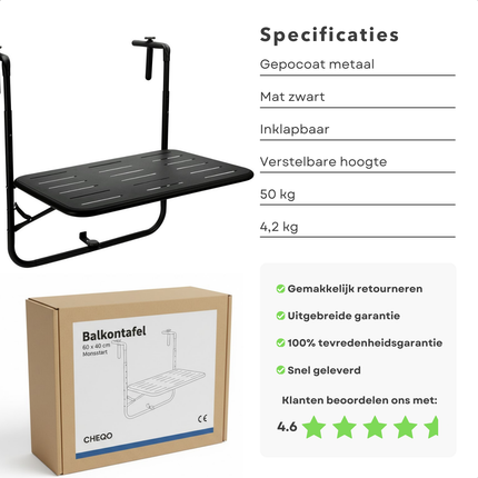 Cheqo® Balkontafel - Hangtafel Balkon - Balkontafel Hangend - Inklapbare Balkontafel - Balkontafel Verstelbaar - Zwarte Balkontafel