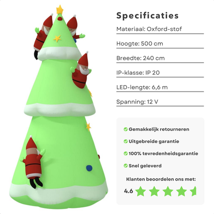 Cheqo® Opblaasbare Kerstboom LED - Kerstboom Opblaasbaar - 500 cm - LED Verlichting - Voor Binnen en Buiten - Oxford Stof