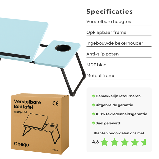 Cheqo® Verstelbare Laptoptafel - Laptopstandaard - Laptop Tafel - Opklapbare Bedtafel MDF - Banktafel Anti-slip - Ontbijttafel - Ontbijt op Bed Tafel - Metaal - Blauw