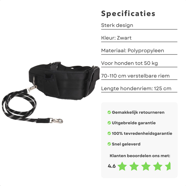 Cheqo® Luxe Hondenriem Met Heupband - Geschikt voor Honden tot 50kg - Elastische Riem (70-110 cm) - Handige Vakjes - Karabijnhaak Bevestiging - Samen Bewegen - Hardloop Heupband - Handsfree - Hondenlijn - Hondenkabel hondenriemen
