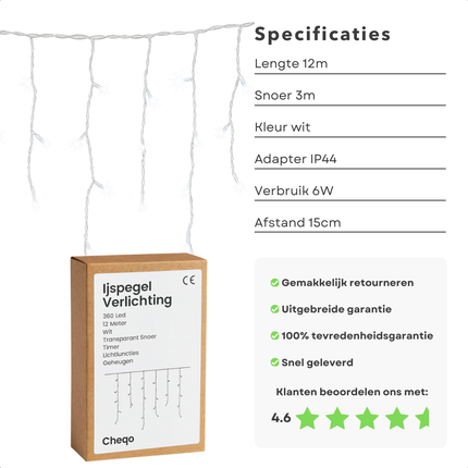 Cheqo® Ijspegel Verlichting - Kerstverlichting Buiten - Lichtnet - Ijspegelverlichting 360 LED - Wit Licht - Koelwit - Transparant Snoer - 12 Meter Lengte - IP44 Adapter - Geschikt voor Buiten - met Timer - 8 Lichtfuncties met Geheugen