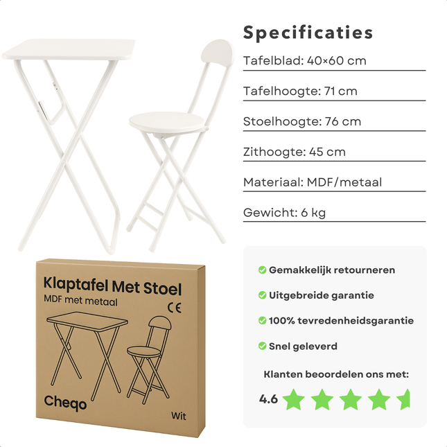 Cheqo® Universele Tafel Set met Stoel - Bureau - Eettafel - Kindertafel - Klaptafel Met Stoel - Ideaal voor Kinderen - Kinderkamer - MDF - Wit