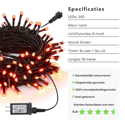 Cheqo® Kerstverlichting - Kerstboomverlichting - Kerstlampjes - Sfeerverlichting - LED Verlichting - Voor Binnen en Buiten - Tuinverlichting - Feestverlichting - Lichtsnoer - Rood -  Timer - Geheugen - 8 Lichtfuncties - 240 LED's - 18M Kerstboomverlichting