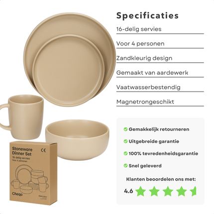 Cheqo® Serviesset 16-delig Aardewerk – Stijlvolle Bordenset 4 Persoons – Ontbijtborden & Dinerborden – Kommen & Mokken – Magnetronbestendig – Vaatwasserbestendig – Elegante Zand Kleur – Duurzame Kwaliteit