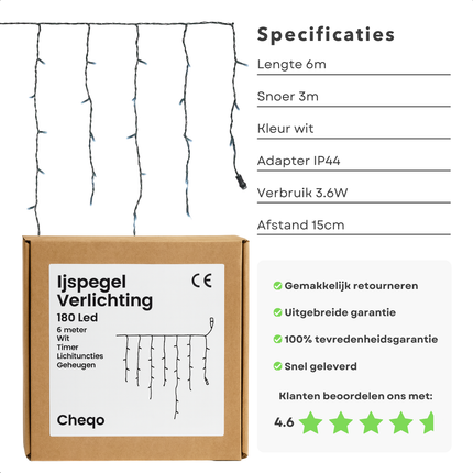 Cheqo® Ijspegel Verlichting - Kerstverlichting Buiten - Ijspegelverlichting 180 LED - Wit Licht - Koelwit - 6 Meter Lengte - IP44 Adapter - Geschikt voor Buiten - Timer Functie - 8 Lichtfuncties met Geheugen - Groen Snoer