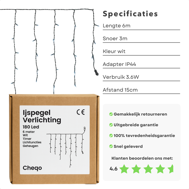 Cheqo® Ijspegel Verlichting - Kerstverlichting Buiten - Ijspegelverlichting 180 LED - Wit Licht - Koelwit - 6 Meter Lengte - IP44 Adapter - Geschikt voor Buiten - Timer Functie - 8 Lichtfuncties met Geheugen - Groen Snoer