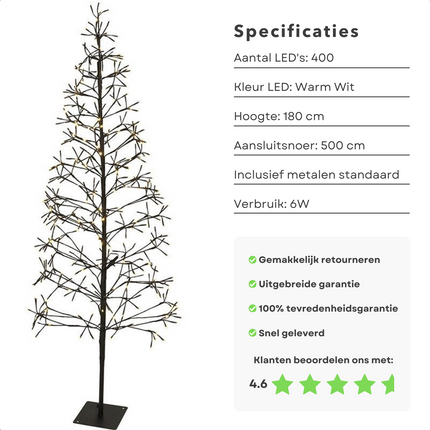 Cheqo® Sfeervolle Lichtboom - Kerstboom - 180 Cm - 400 Warm Witte LED's - Sfeerverlichting - Kerstverlichting - Kerstlampjes - Takken met Verlichting - Voor Binnen en Buiten - Met Metalen Standaard - 500 cm Aansluitsnoer - Kerstversiering Lichttakken