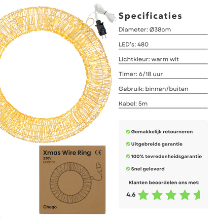 Cheqo® Verlichte Kerstkrans - LED Kerstkrans - Kerstkrans Met Verlichting - Warm Wit LED - Binnen En Buiten - Deurkrans Met LED - Kerstdecoratie - Sfeervol Licht - Energiezuinig - Timerfunctie - 480 LED-Lampjes - 38 Cm Diameter