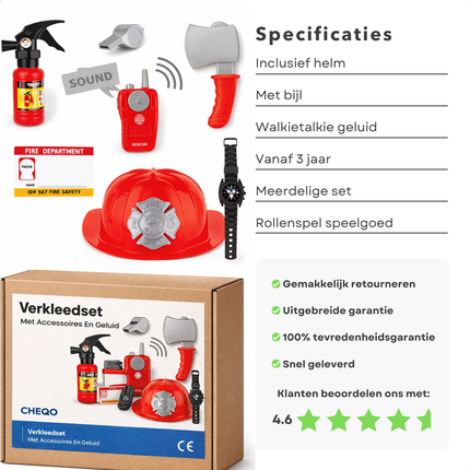 Cheqo® Brandweer Verkleedset - Brandweer Accessoireset - Brandweerhelm Kind - Brandweer Bijl Speelgoed - Walkie Talkie Speelgoed