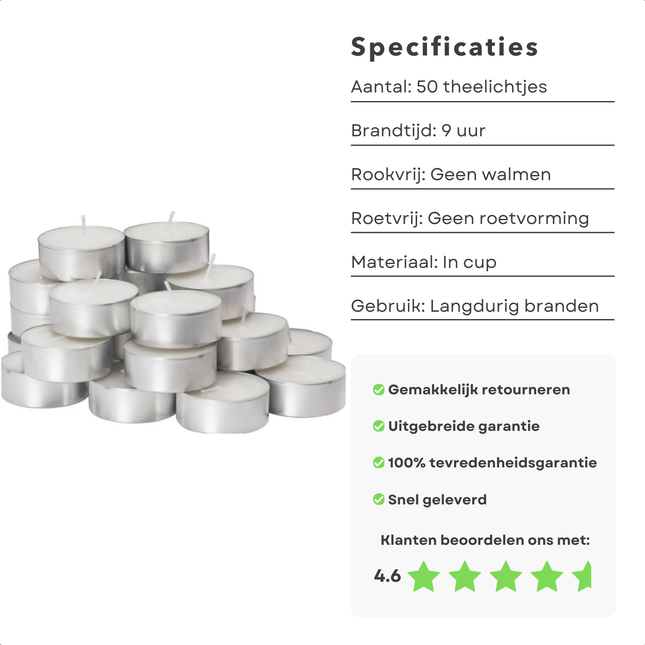 Cheqo® Theelichten 6 Uur - Waxinelichtjes - Theelichtjes - Witte Kaarsen - 50 Stuks - Lange Brandduur