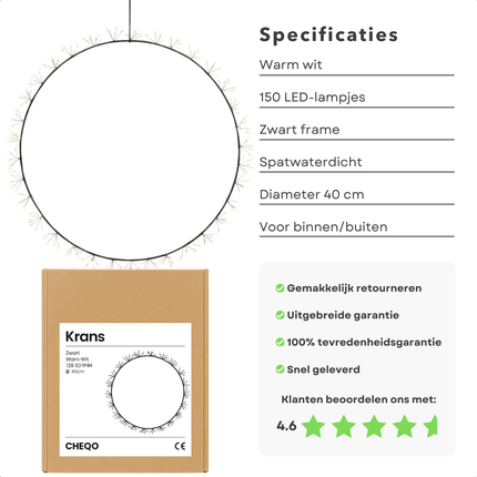 Cheqo® Verlichte Kerstkrans - LED Verlichting - Warm Wit LED - Spatwaterdicht - Buitengebruik - Metalen Frame - 150 LED Lampjes - Zwarte Krans - Diameter 40 CM - Kerstdecoratie - Sfeerverlichting - IP44 - Kerstverlichting Buiten