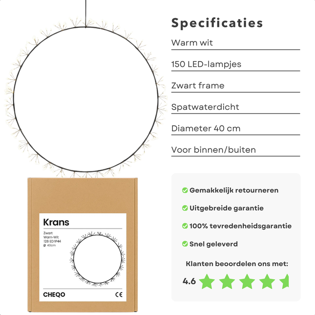 Cheqo® Verlichte Kerstkrans - LED Verlichting - Warm Wit LED - Spatwaterdicht - Buitengebruik - Metalen Frame - 150 LED Lampjes - Zwarte Krans - Diameter 40 CM - Kerstdecoratie - Sfeerverlichting - IP44 - Kerstverlichting Buiten