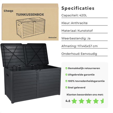 Cheqo® Kussen Opbergbox - Kussenbox - Tuinkussenbox - Tuinkussen Box - Weerbestendig & Verrijdbaar - Opbergbox Tuin voor Buiten - 420 L - Antraciet